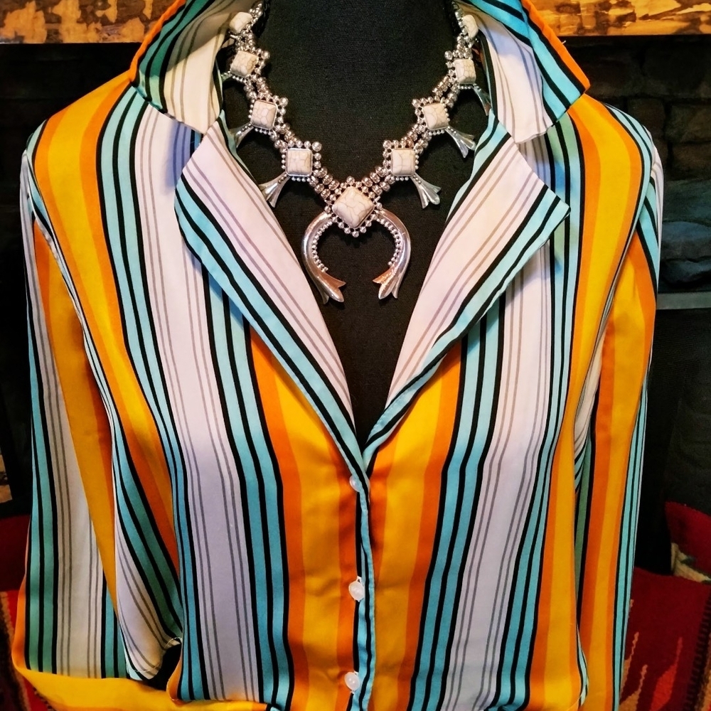 Forever 21 Multicolor Striped Button Down Shirt Cropped Long Sleeve Blouse - Picture 3 of 5